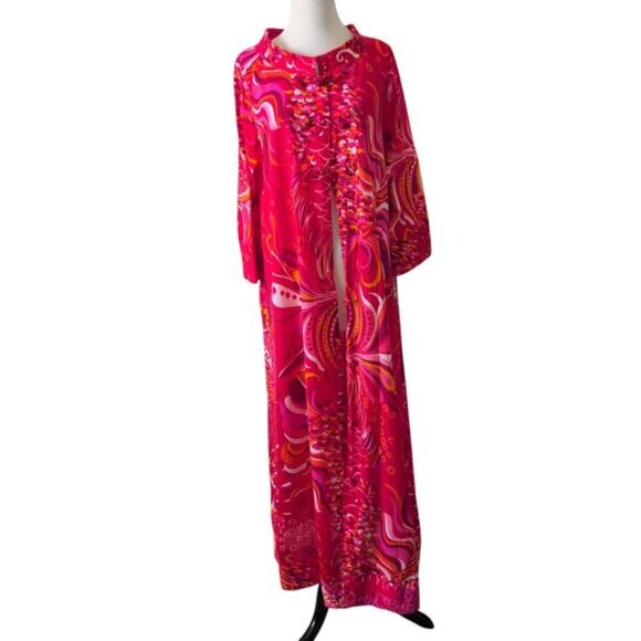 Vintage 60s 70s Hollywood Dress Robe L-XL Psychedelic Nightgown Groovy Boho Chic - Picture 3 of 16